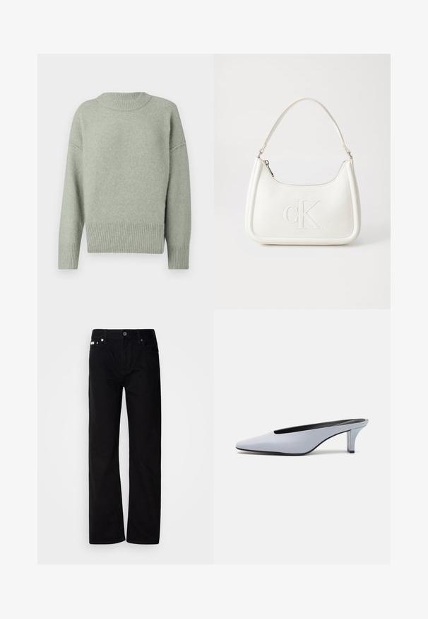 Maglione lavorato a maglia verde chiaro con colletto rotondo a coste e orlo. Presenta spalle calate e maniche lunghe. Tessuto morbido con una leggera lucentezza.; Pantaloni in denim nero a gamba dritta con cinque tasche, rivetti argentati e chiusura con bottone. Il tessuto ha una finitura liscia e leggermente testurizzata.; Mule in pelle lucida blu chiaro con punta affusolata, tacco trasparente basso e design elegante caratterizzato da un'apertura sulla parte superiore.; Borsa a tracolla in pelle bianca con forma curva, dotata di un logo "CK" impresso sul davanti e una singola tracolla. Chiusura a zip nella parte superiore.