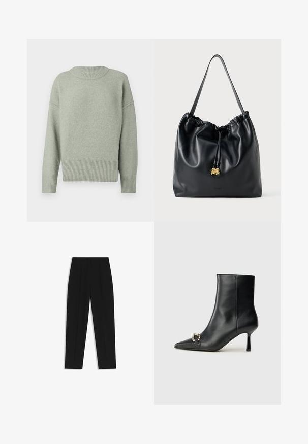 Light green knitted sweater with a ribbed round neck and hem. Features dropped shoulders and long sleeves. Soft texture with subtle sheen.; Black trousers with a straight fit, featuring double pleats, a smooth texture, and a classic waistband design. No visible hardware or accents.; Black leather ankle boot with pointed toe, slim mid-height heel, and silver buckle detail on side against plain background.; Black leather drawstring bag with a smooth texture, gathered top, and subtle gold hardware. Features a single sturdy strap and embossed logo.