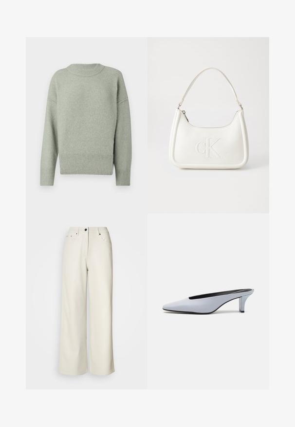Light green knitted sweater with a ribbed round neck and hem. Features dropped shoulders and long sleeves. Soft texture with subtle sheen.; Cream wide-leg pants made of smooth fabric. Features a mid-rise waist, zipper fly, and two front pockets with black hardware accents.; Light blue patent leather mule with a pointed toe, low transparent heel, and a sleek design featuring a cut-out at the vamp.; White leather handbag with a curved shape, featuring an embossed "CK" logo on the front and a single shoulder strap. Zipper closure at top.