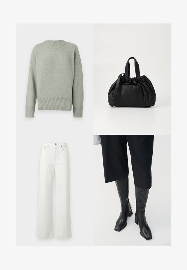 Hellgrüner, gestrickter Pullover mit einem gerippten Rundhalsausschnitt und Saum. Mit überschnittenen Schultern und langen Ärmeln. Weiche Textur mit dezentem Glanz.; Samsøe Samsøe SHELLY - Jeans Relaxed Fit - clear cream; Schwarze Lederstiefel bis zum Knie mit quadratem Zehen und Blockabsatz. Mit einem seitlichen Reißverschluss und glatter Textur.; Schwarze Lederhandtasche mit einem gerafften Oberteil, ausgestattet mit zwei kurzen Griffen und einem langen verstellbaren Schulterriemen. Glatte Textur, runde Form.