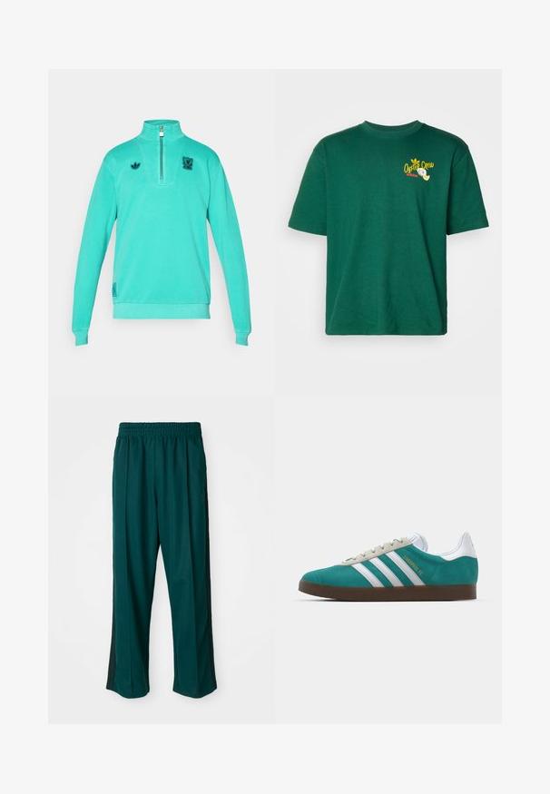 adidas Originals LIVERPOOL FC ICON HALF ZIP TOP - Klubbklær - sea green; Grønn bomull T-skjorte med korte ermer, rund hals, og et grafisk emblem med "Oyster Crew" og en logo i gult og rødt.; Mørkegrønne treningsbukser med elastisk midjebånd, rett ben-design og svarte side stripe. Laget av myk, elastisk stoff.; adidas Originals ADIDAS GAZELLE SHOES - Innendørsfotballsko - liverpool fc/sea green/footwear white