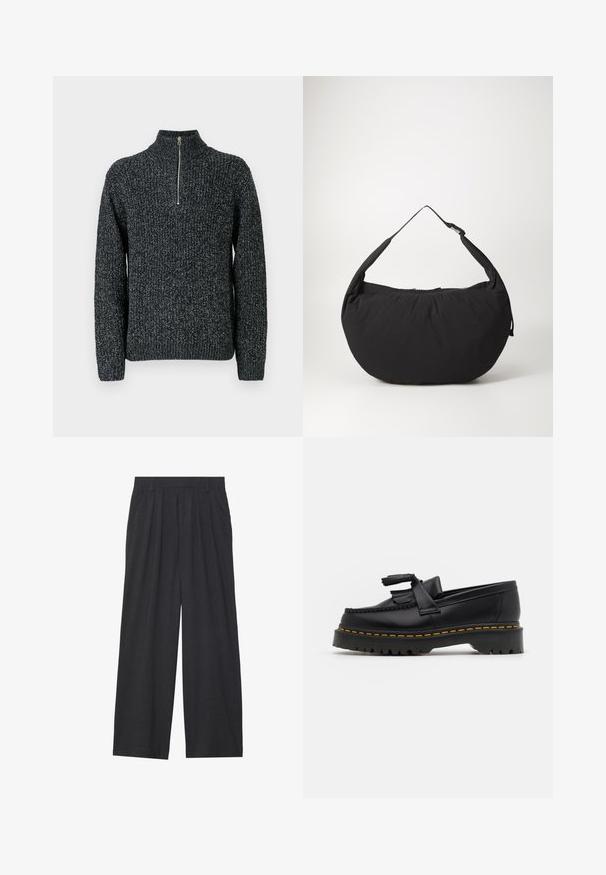 Striktrøje i mørkegrå med høj krave og en kvart lynlås. Har tekstureret garn med en let meleret udseende.; Vidder bukser lavet af mørkegrå stof. Har folder ved taljen, et skræddersyet design og en lige silhuet.; Sort læderloafer med en frynsedetalje, der har en kraftig sort sål og gul syninger langs kanten. Teksturert overflade.; Sort stof skuldertaske med en buet form, udstyret med en enkelt rem og en lynlås lukning. Blød tekstur, minimalistisk design.