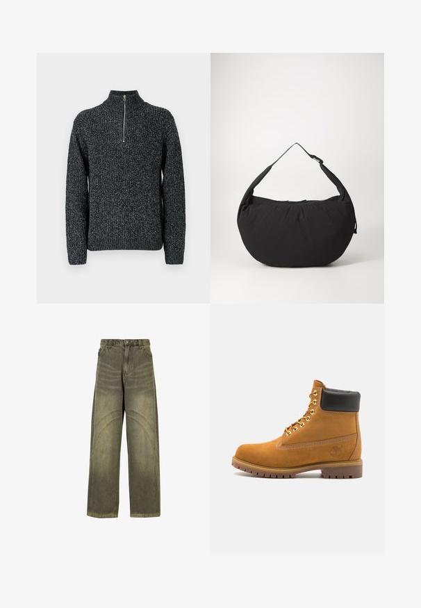 Maglione lavorato a maglia in grigio scuro con colletto alto e zip a un quarto. Presenta un filato testurizzato con un aspetto leggermente melange.; Jeans a gamba larga in denim verde oliva, con dettagli di cuciture curve, chiusura con bottone classico e finitura scolorita.; Stivale alla caviglia in suede tan con collare imbottito nero, occhielli in metallo dorato, dettagli in cucitura bianca e suola in gomma robusta con battistrada pronunciato.; Borsa a spalla in tessuto nero con forma curva, dotata di una sola tracolla e chiusura con zip. Texture morbida, design minimalista.