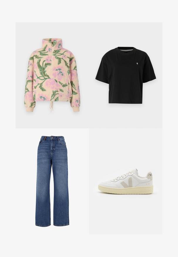 Billabong TIME OFF - Flīsa džemperis - multi coloured; Melnā īsā krekla blūze, izgatavota no kokvilnas, ar īsām piedurknēm, apaļu izgriezumu un mazu baltu logotipu kreisajā krūtī.; Plati kāju džinsi izgatavoti no vidēji smaga zila kokvilnas auduma. Ievērojama klasiskā piecu kabatu dizaina un rāvējslēdzēja aizdare ar pogu.; Baltas ādas sporta apavu pāris ar bēšiem zamša akcentiem, caurumiņu purngalā, plakanu šņorēšanu un teksturētu krēmkrāsas zoli. Iezīmējas ar diskrētu zīmolu uz papēža.