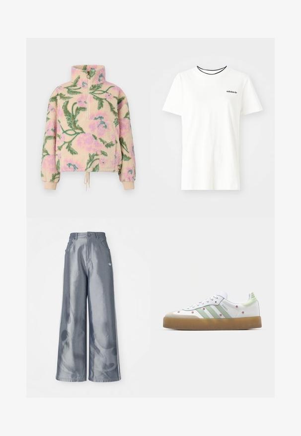 Billabong TIME OFF - Fleece jumper - multi coloured; White cotton t-shirt with short sleeves and a round neckline. Features a black Adidas logo on the chest and a contrasting black inner collar.; Wide-leg pants in shiny gray material, featuring white side stripes and a flame pattern on the lower legs. Button and zipper closure at the waist.; White sneaker with green accents, three stripes, floral embroidery, and a gum sole. Features a rounded toe and lace-up design.