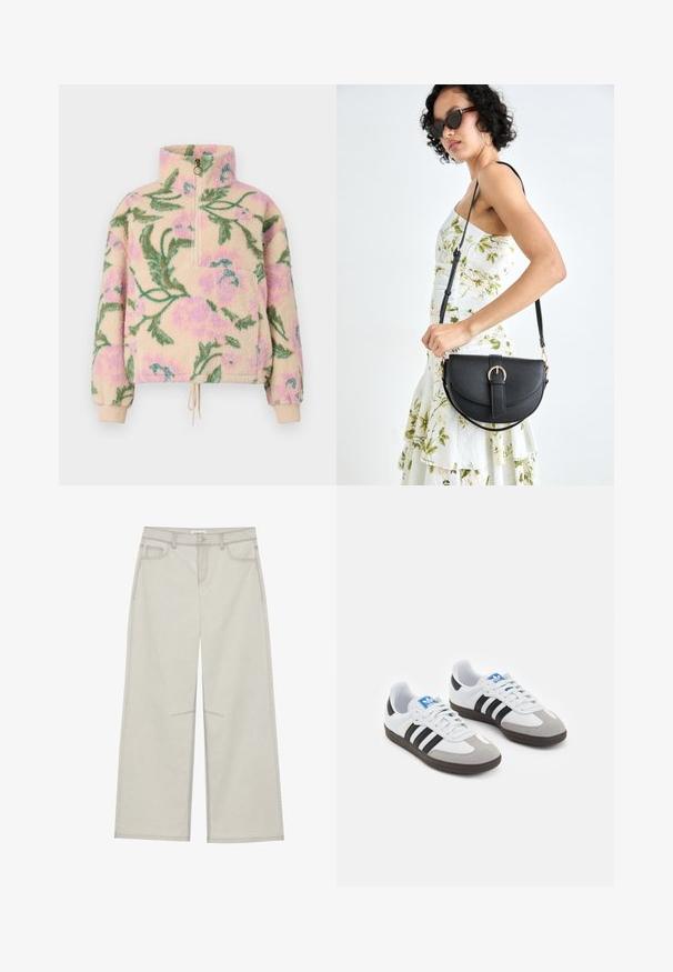 Billabong TIME OFF - Fleecegenser - multi coloured; Lys grå vide bukser med fem lommer, frontknaplukning og kontrastsying langs sømmene. Stoffet ser blødt og holdbart ud.; Sportssko med en hvit skinnoverdel, grå semsket tå og tre svarte striper. Har en blå logo på tungen og en teksturert gummisåle.; Svart lærveske med en buet form, avtagbar stropp og gullbeslag. Vesken har et klaff med spenne-detall.