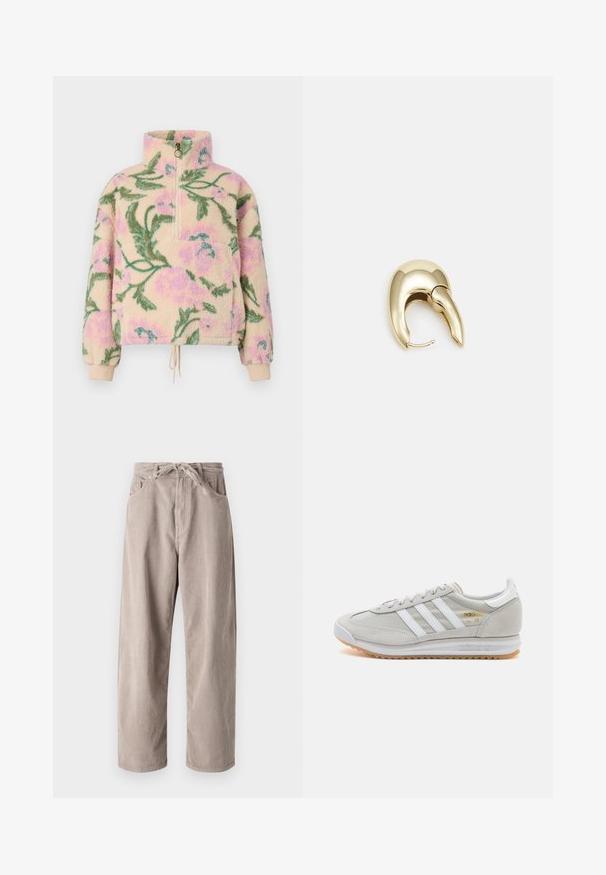 Billabong TIME OFF - Fliisdžemper - multi coloured; Beige kammkootud püksid, millel on mugav lõige, paelaga vöökoht, kaks eesmist taskut ja vertikaalne soonik tekstuur.; Heled hallid tossud, mis on valmistatud nubukist ja võrgust, millel on kolm valget triipu, ümmargune varvas ja kummist tald. Kuldne logoelement paelte lähedal.; Kuldtooni metallist kõrvarõngas, millel on elegantne ja kaarjas disain. Omab silmapaistvat teravat kuju, poleeritud pinda ja hingesulgemist.