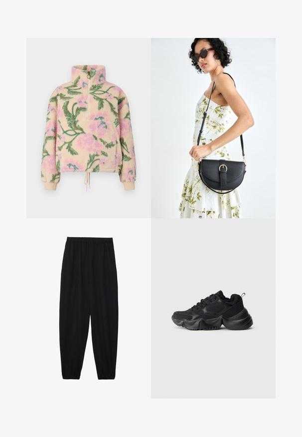 Billabong - Bluza z polaru; Czarne, lekkie spodnie z elastycznym pasem i ściągaczami na kostkach. Materiał jest gładki i ma luźny, zwężany krój.; Czarne sneakersy wykonane z mieszanki gładkich i teksturowanych materiałów, z grubymi podeszwami, zaokrąglonym kształtem i dekoracyjnym szwem. Posiadają miękki, puszysty mankiet.; Czarna skórzana torebka o zakrzywionym kształcie, z odpinanym paskiem i złotymi akcentami. Torebka posiada klapę z zapięciem w kształcie klamry.