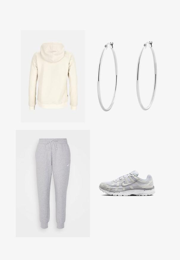 Felpa beige chiaro con cappuccio regolabile, maniche lunghe, polsini e orlo a coste, realizzata in morbido tessuto testurizzato.; Pantaloni della tuta grigi chiari con vita regolabile, gamba affusolata e un piccolo logo bianco sulla coscia sinistra. Realizzati in un morbido tessuto texture.; Scarpe da ginnastica grigio chiaro con tomaia in rete e sintetico, dotate di chiusura con lacci, collo imbottito e suola testurizzata per una migliore aderenza.; Orecchini a cerchio in argento con una superficie liscia e lucida e una forma circolare sottile. Il design presenta una chiusura sicura.