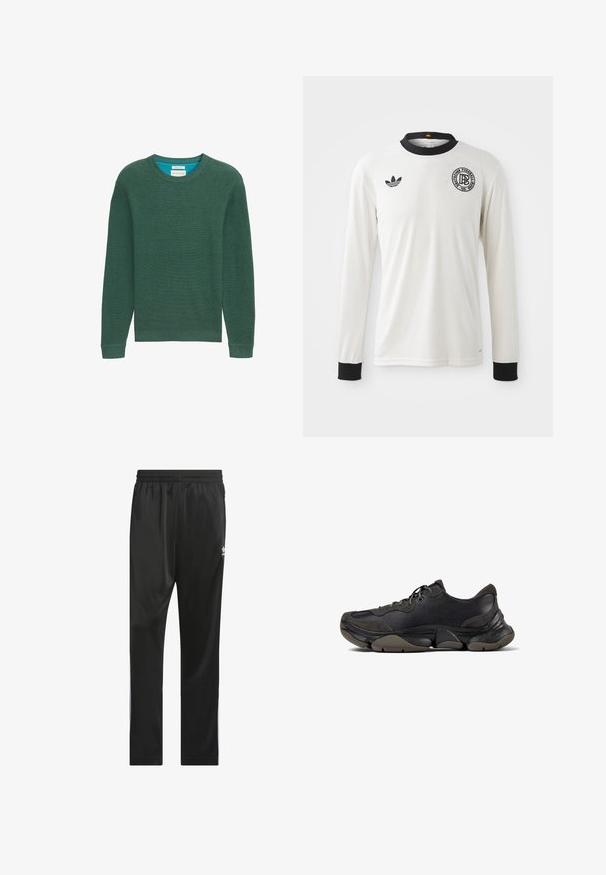 Groene gebreide trui met een ronde hals, lange mouwen, ribbeltextuur en een contrasterende blauwe binnenhals. Eenvoudig ontwerp, geen zichtbare patronen.; Witte lange mouwen voetbaltrui met ribbelstructuur, zwarte kraag en manchetten, met een zwart Adidas-logo en een cirkelvormig grafisch embleem.; Zwarte sportbroeken van glad, lichtgewicht materiaal. Voorzien van een elastische tailleband en witte zijstrepen met een logo op de dij.; Zwarte sportieve sneaker met een gestructureerde zool, leren en suède bovenwerk, gevoerde kraag en vetersluiting, getoond in zijprofiel.
