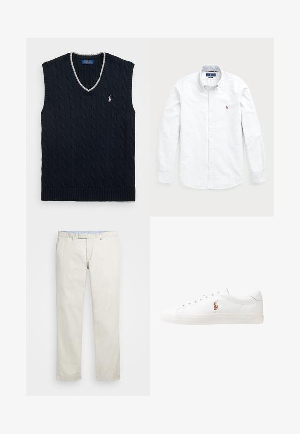 Granatowy, dziany, bezrękawnik z wzorem w warkocze, wycięciem w serek i wykończeniem z srebrnym obszyciem. Na piersi znajduje się małe białe logo polo.; Biała koszula z długim rękawem, zapinana na guziki, wykonana z bawełny. Posiada kołnierz typu spread, zapięcie na guziki oraz małe haftowane logo na piersi.; Beżowe bawełniane chinosy z płaskim przodem, szlufkami na pasek i bocznymi kieszeniami. Prosty krój z gładką fakturą i lekkim, przewiewnym uczuciem.; Białe skórzane sneakersy, niskoprofilowy design, charakteryzujące się gładką fakturą, okrągłym noskiem, sznurowanym przodem i małym haftowanym logo z boku.