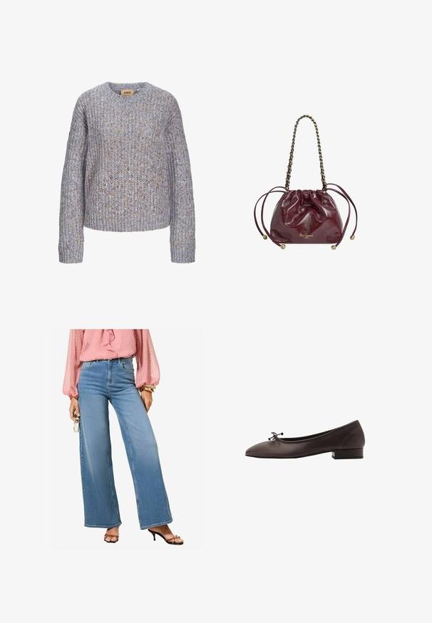 Pletený sveter s okrúhlym výstrihom v svetlomodrej farbe s viacfarebnými škvrnami. Má dlhé rukávy a voľný strih. Po celej ploche je štruktúrovaná tkanina.; Prúžkovaná košeľa s gombíkmi v modrej farbe, spárovaná s čiernymi rozšírenými džínsami a čiernou kabelkou. Hladká tkanina a široké rukávy, voľný strih.; Svetlo modré vysoko pásované široké nohavice z denimu s klasickým povrchom. Skombinované s ružovou blúzkou s volánikmi a čiernymi sandálmi na vysokom opätku.; Hnedé kožené baletky s zaoblenou špičkou a malým blokovým podpätkom. Obsahujú tenkú mašľu vpredu a jemné švy.; Bordová kožená taška na šnúrku s retiazkou, s zhromaždeným vrchom, metalickými prvkami a detailom loga na spodnej strane. Hladký, lesklý povrch.