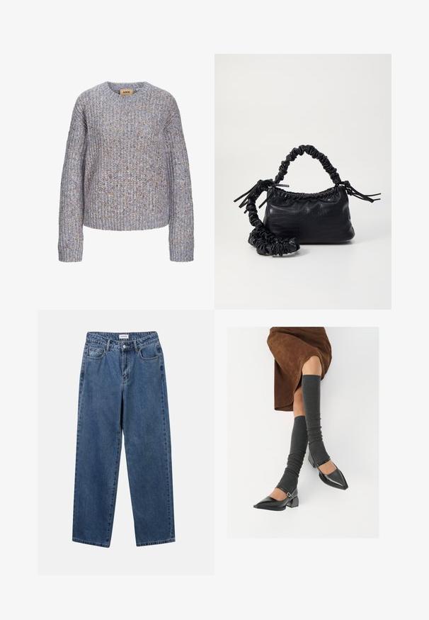 Πλεκτό πουλόβερ με στρογγυλή λαιμόκοψη σε ανοιχτό μπλε με πολύχρωμες νότες. Διαθέτει μακριά μανίκια και άνετη εφαρμογή. Ιδιαίτερα υφή σε όλη την επιφάνεια.; Κλασικό μπλε τζιν παντελόνι με ίσια γραμμή, πέντε τσέπες και κλείσιμο με κουμπί. Διαθέτει μεσαία πλύση και ανθεκτική υφή.; Μαύρες πατεν leather γόβες με αιχμηρή μύτη, τετράγωνη φτέρνα και λουράκι αστραγάλου, συνδυασμένες με γκρι ριγέ ζεστά ποδιές και καφέ σουέντ φούστα.; Μαύρη τσάντα από faux δέρμα με υφή κροκοδείλου, κλειστή στο επάνω μέρος και με ρυτιδωμένο λουρί. Φαίνεται μαλακή και συμπαγής στο σχέδιο.