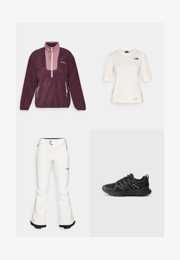 Columbia SEQUOIA GROVE™ 1/2 ZIP - Fleecegenser - moonvista/fig/pink dawn; The North Face SHADOW SHORT SLEEVE - T-skjorte til trening - white dune; Hvite skibukser laget av mykt, fleksibelt materiale. Har en tettsittende midje, vide, utvidede ben og svart kanting ved ermene. Merkevarelogo synlig.; Columbia PEAKFREAK - Fjellsko - black