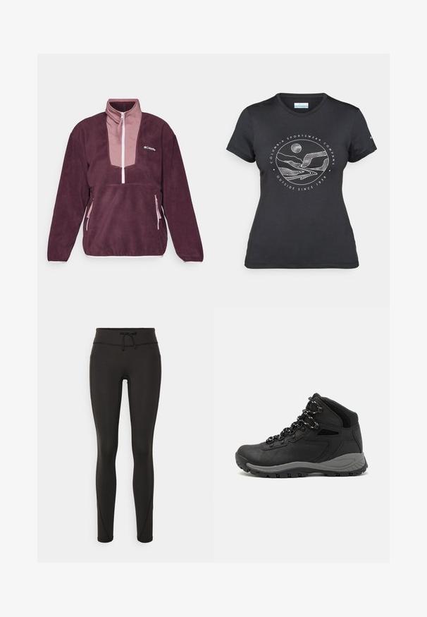 Columbia SEQUOIA GROVE™ 1/2 ZIP - Polárpulóver - moonvista/fig/pink dawn; Fekete Columbia póló fehér, kör alakú hegy és folyó vonalrajzzal, valamint a "Columbia Sportswear Company Outside Since 1938" felirattal.; Fekete leggings magas derékkal, zsinórral, sima textúrával és testhezálló kialakítással. Oldalt varrási részletekkel rendelkezik.; Fekete túracipő közepes magasságú kialakítással, texturált felsőrésszel, szürke részletekkel és strapabíró gumitalppal, amelynek tapadós kiemelkedései vannak.