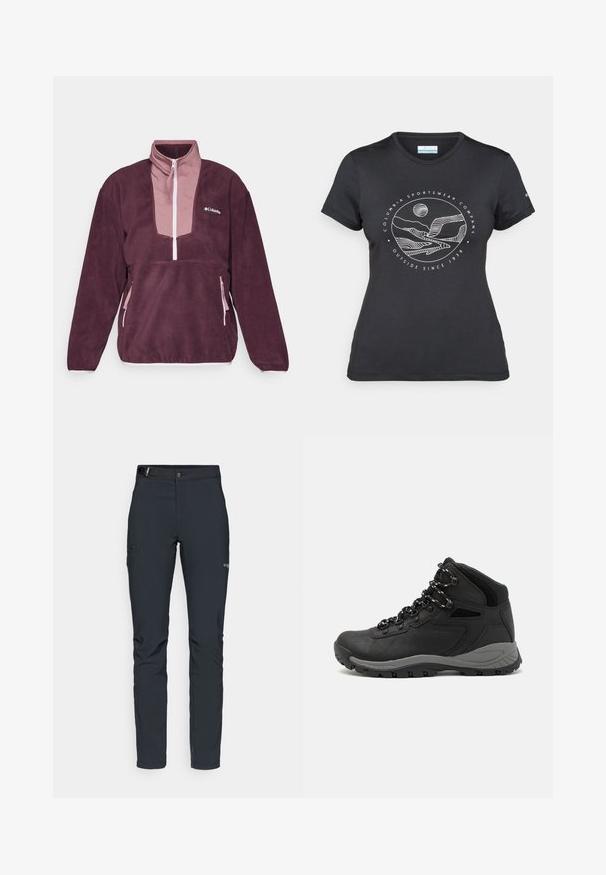 Columbia SEQUOIA GROVE™ 1/2 ZIP - Fleecová mikina - moonvista/fig/pink dawn; Černé tričko Columbia s bílým kruhovým uměleckým ztvárněním hor a řeky a textem "Columbia Sportswear Company Outside Since 1938."; Pánské outdoorové kalhoty, tmavě šedé, vyrobené z flexibilního materiálu, s pásem, zipovými kapsami a vyztuženým švem.; Černé turistické boty s mírně vyšším střihem, které mají texturovaný svršek, šedé detaily a odolnou gumovou podrážku s trakčními výstupky.