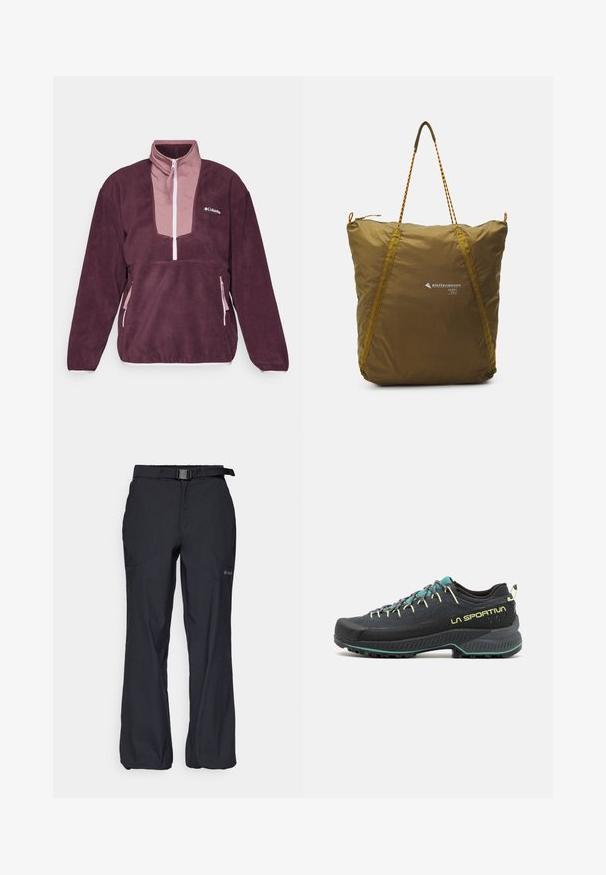 Columbia SEQUOIA GROVE™ 1/2 ZIP - Fleecetrøjer - moonvista/fig/pink dawn; Sorte udendørsbukser med letvægtsstof, justerbar talje med bælte og to forlommer. Designet til komfort og funktionalitet.; Sort vandresko med teal og gul accentuering. Har en tekstureret overdel, polstret sål og en holdbar gummisål for godt greb.; Oliven grøn, slidstærk nylon tote taske med en tekstureret overflade, der har en lynlåslukning, kontrasterende gule detaljer og flettede håndtag.