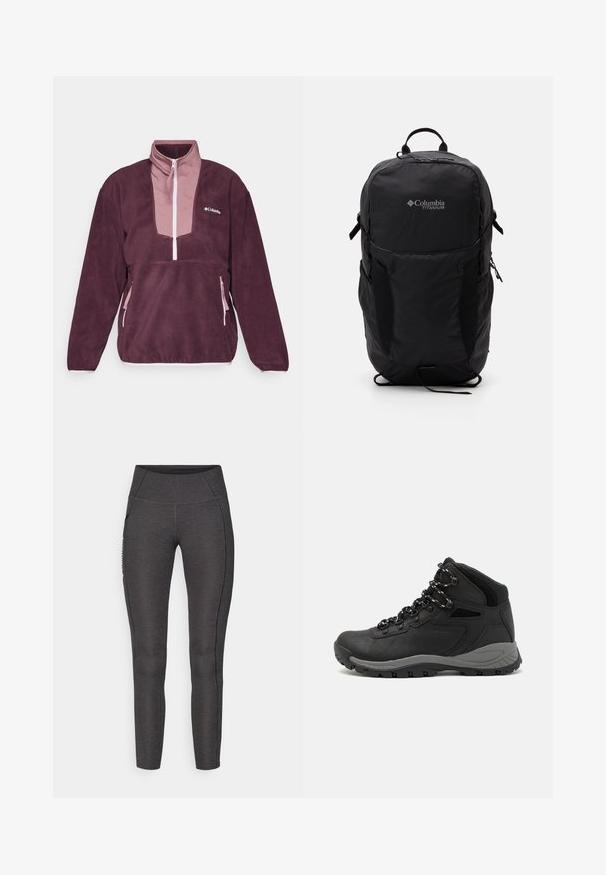 Columbia SEQUOIA GROVE™ 1/2 ZIP - Flīsa džemperis - moonvista/fig/pink dawn; Augstas jostasvietas legingi tumši pelēkā krāsā, izgatavoti no teksturētas auduma. Raksturīga pieguļošā forma un sānu kabatas uzglabāšanai.; Melni pārgājienu zābaki ar vidēju augstumu, ar teksturētu augšdaļu, pelēkiem akcentiem un izturīgu gumijas zoli ar saķeres izvirzījumiem.; Melnā Columbia Titanium mugursoma ar gludu auduma faktūru, sānu kabatām, augšējo rokturi un regulējamiem siksnām. Minimālistisks dizains ar diskrētu zīmola identifikāciju.