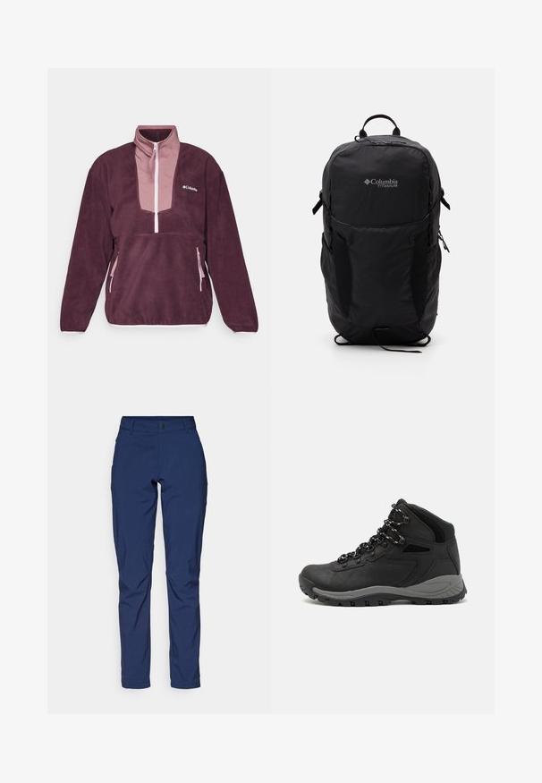 Columbia SEQUOIA GROVE™ 1/2 ZIP - Fleece trui - moonvista/fig/pink dawn; Marineblauwe broek van gladde stof, met een klassieke pasvorm, voorzakken en een rits met knoopsluiting.; Zwarte wandelschoen met een mid-top ontwerp, voorzien van een gestructureerde bovenkant, grijze accenten en een duurzame rubberen zool met gripnoppen.; Zwarte Columbia Titanium rugzak met een gladde stoftextuur, zijvakken, handvat aan de bovenkant en verstelbare banden. Minimalistisch ontwerp met subtiele branding.