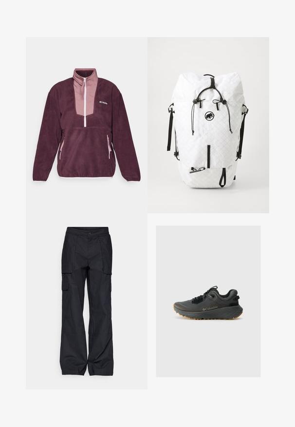 Columbia SEQUOIA GROVE™ 1/2 ZIP  - Flisinis džemperis - moonvista/fig/pink dawn; Columbia BREA FALLS™ COTTON RIPSTOP PANT - Lauko kelnės - black; Columbia TERRASTRIDE CRZ - Turistiniai batai - shark/black; Balta kuprinė, pagaminta iš čiužinio medžiagos su juodais akcentais. Turinti reguliuojamus diržus, sukramtomą uždarymo sistemą ir priekiniame skyriuje esantį užtrauktuką.