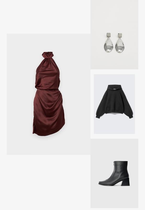 Felpa nera oversize in morbido tessuto, con una grande tasca frontale, maniche lunghe a palloncino e cappuccio con cordino.; Abito in satin bordeaux con scollatura a halter, scollatura arricciata, corpino aderente e gonna drappeggiata, dotato di uno spacco laterale. Texture liscia.; Stivaletto in pelle nera con punta quadrata, cerniera laterale e tacco squadrato su sfondo chiaro uniforme.; Orecchini a goccia in argento con perno quadrato, caratterizzati da una finitura liscia e lucidata e da una forma a goccia, che riflettono la luce grazie a una superficie lucida.