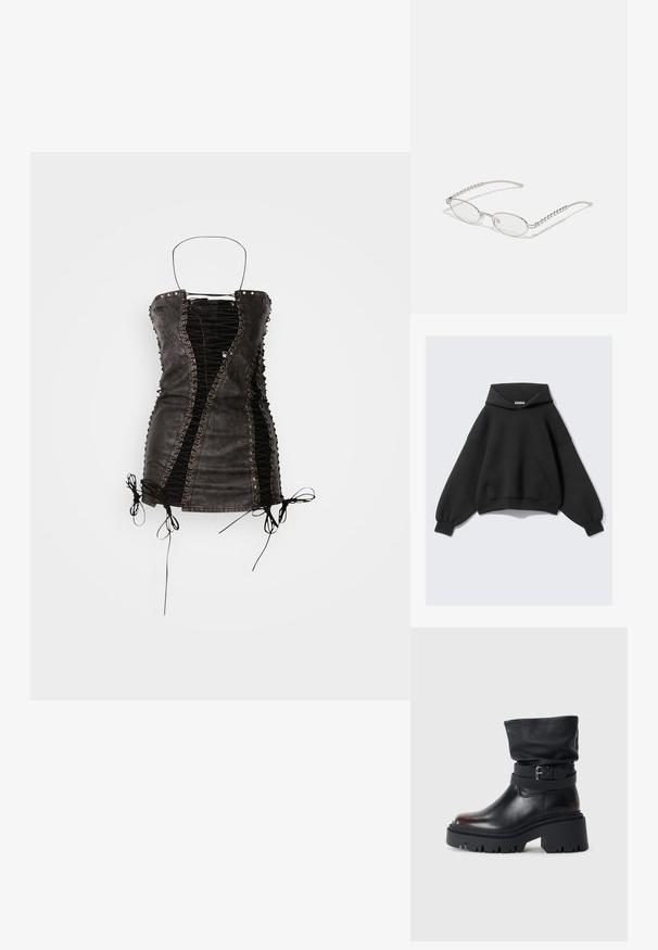 Liela melna kapuce, kas izgatavota no mīkstas auduma, ar lielu priekšējo kabatu, garām balonu piedurknēm un aukliņu kapuci.; Melnas ādas mini kleita ar sasienamu priekšpusi, kontrastējošiem melniem paneļiem, regulējamām saitēm un metāla kniedēm gar šuvēm.; Melnas ādas potītes zābaki ar vaļīgu augšdaļu, sprādzi, un biezu, izturīgu zoli. Iezīmē apaļu purngalu un gludu tekstūru.; Ovālas brilles ar metāliski sudraba rāmi, caurspīdīgām lēcām un teksturētām pērlīšu akcentiem uz tempļiem. Viegls dizains ar izliektiem kājiņām.