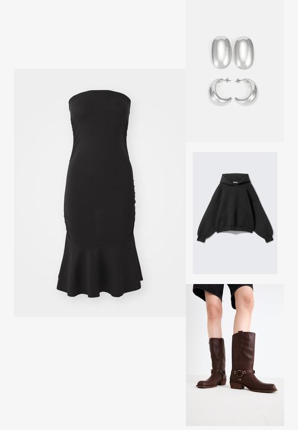 Černá oversized mikina s kapucí vyrobená z měkké látky, s velkou přední kapsou, dlouhými balónovými rukávy a stahovací šňůrkou.; Černé šaty bez ramínek vyrobené z elastické látky, s nařasením po stranách a rozšířeným spodním lemem. Hladká textura s přiléhavým siluetou.; Hnědé kožené vysoké boty ke kolenům s kulatou špičkou, texturovaným povrchem, řemínkem kolem kotníku a detailem ze stříbrného kovu; na podpatku.; Stříbrné náušnice set: dva oválné pecky a dva kroužky ve tvaru půlměsíce, s lesklým, hladkým povrchem a zaobleným designem.