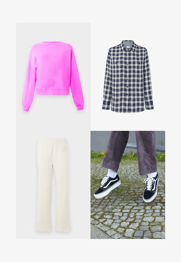 Erkki roosa pikkade varrukatega crewneck sviiter, millel on ribadega mansetid ja alläär, esitatud neutraalsel heledal taustal.; Tumed, valged ja punased ruudulised flanellpuserid. Pikkade varrukatega, nööbid ees, kaks rinna taskut ja diskreetne logo allääres.; Kreemivalged dressipüksid elastse vöökohtaga ja peene "GAP" logo vasakul puusal, esitatud valge tausta ees.; Mustad nubukist spordijalatsid valgete detailidega, millel on ümar nina, paks valge tald ja klassikaline sidumise disain, kantud valgete sokkide ja lilla pükste juurde.