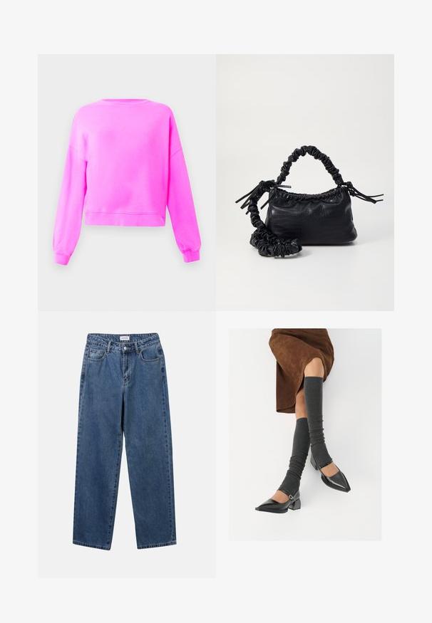 Lys rosa langermet genser med rund hals og ribbestrikkede mansjetter og nederkant, vist på en enkel lys bakgrunn.; Klassiske blå denimjeans med rett ben-design, fem lommer og knappelukking. Har en middels vask og solid tekstur.; Sorte lakkpumps med spiss tå, blokkhel, og ankelstropp, kombinert med grå ribbestrikkede beinvarmere og et brunt semsket skinn skjørt.; Svart faux skinn-håndveske med krokodilletekstur, strammet topp og en rynket stropp. Ser myk og kompakt ut i designen.