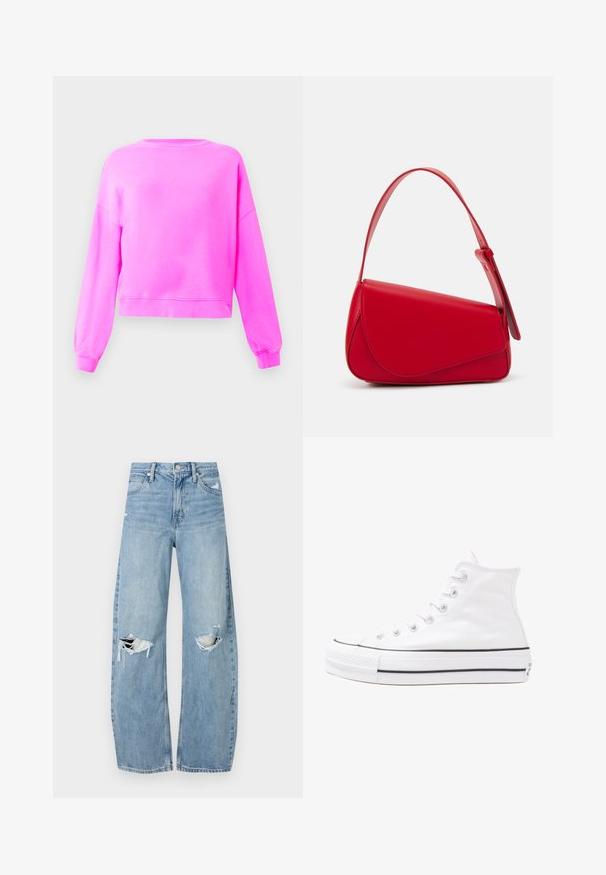 Bright pink long-sleeve crewneck sweatshirt with ribbed cuffs and hem, displayed on a plain light background.; Light blue, high-waisted jeans made of denim. Feature wide legs, two torn knee areas, and classic five-pocket styling.; White high-top canvas sneaker with black rubber sole, front rubber toe cap, and six eyelets for laces, featuring a clean, minimalist design.; Red leather handbag with an angular, geometric design. Features a single adjustable strap and a flap closure with stitched detailing.