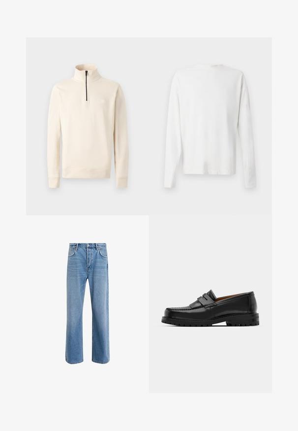 Beige halv-zip genser laget av myk stoff, med høy krage og et lite logo merke på brystet. Lange ermer med tettsittende mansjetter.; Langermet hvit bomullsskjorte med rund hals, sidespalter nederst og en jevn tekstur, vist fra baksiden.; Lys blå denimjeans med rett ben-design, fem lommer, knappeåpning, minimal falming og kontrasterende sømdetaljer.; Svart skinnloafers har en hevet søm, to dekorative stropper på oversiden, og en tykk teksturert såle for bedre grep.