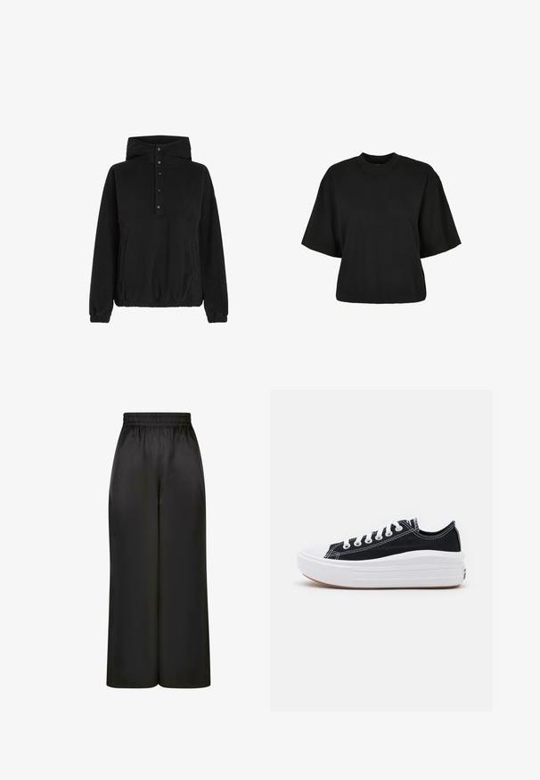 Pull en polaire noir avec un col montant, doté d'une fermeture à boutons à l'avant, de poches latérales et de poignets élastiques. Texture lisse et coupe décontractée.; T-shirt noir court en coton. Doté de manches courtes et d'un col rond. Texture lisse avec un design simple, sans motifs supplémentaires.; Pantalons larges noirs en tissu lisse et brillant, avec une taille élastique et sans poches ni détails en métal visibles.; Baskets en toile noires avec des lacets blancs, un embout en caoutchouc blanc et une semelle intermédiaire blanche épaisse. Présentent des coutures blanches discrètes et une semelle en gomme.
