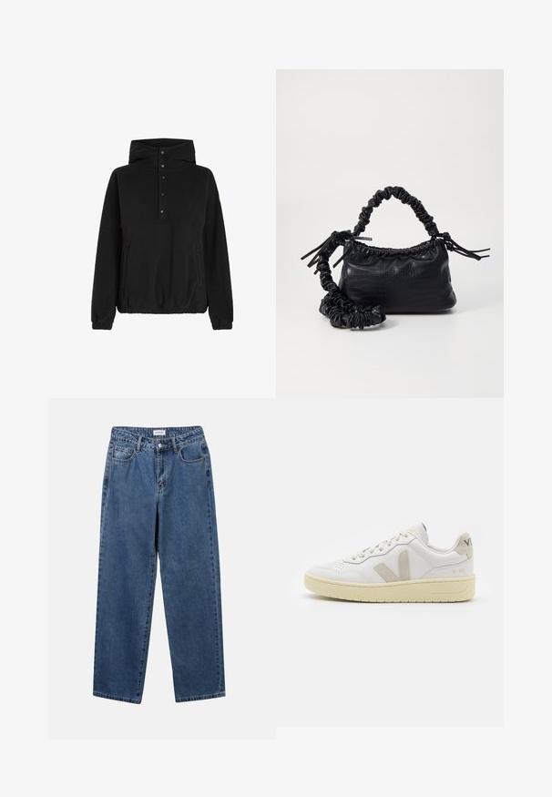 Črn flis pulover z visokim ovratnikom, z gumbasto sprednjo zaprtje, stranskimi žepi in elastičnimi manšetami. Gladka tekstura in sproščen kroj.; Klasične modre jeans hlače s ravnim krojem, petimi žepi in gumbom za zapiranje. Imajo srednje pranje in trdno teksturo.; Bela usnjena tenisača z bež semiš poudarki, perforiranim prednjim delom, ravnimi vezalkami in strukturiranim kremnim podplatom. Ima diskretno blagovno znamko na peti.; Črna torbica iz umetnega usnja s krokodilovo teksturo, z zvitim vrhom in zmečkano naramico. Zdi se mehka in kompaktna v oblikovanju.