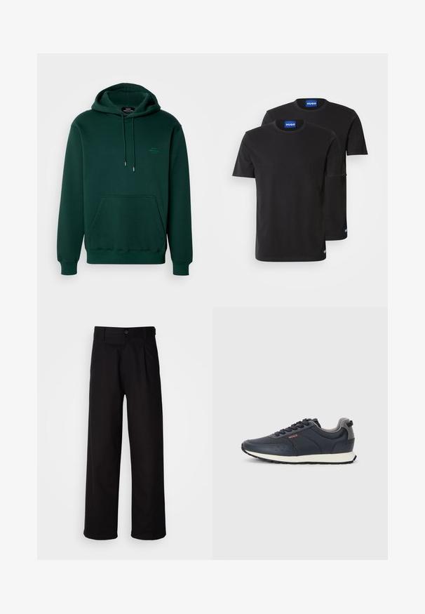 Camisola capuz verde escuro feita de tecido macio, com um bolso frontal, capuz ajustável com cordão e uma marcação discreta no peito.; Duas t-shirts de algodão pretas com golas redondas, mangas curtas e etiquetas azuis "HUGO" nas golas e nas laterais.; Calças pretas feitas de tecido suave, apresentando um design de perna reta, pregas frontais e um fecho com um único botão na cintura.; Ténis azul-marinho com um cabedal sintético liso, bico arredondado, detalhes em cinza, design de atacadores e uma entressola branca com uma sola exterior texturizada em preto.