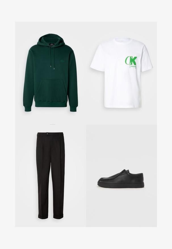 Tmavě zelená mikina s kapucí vyrobena z měkké tkaniny, s přední kapsou, nastavitelnou kapucí na šňůrku a minimálním logem na hrudi.; Bílý bavlněný tričko s zeleným logem CK na levé části hrudi. Klasický kulatý výstřih, krátké rukávy a rovný lem.; Černé kalhoty s hladkou texturou, rázovaného střihu, dvěma předními kapsami a jedním knoflíkovým zapínáním v pase.; Černé kožené nazouvací boty s kulatou špičkou, prošitím a černou gumovou podrážkou. Hladký povrch s minimalistickým designem.