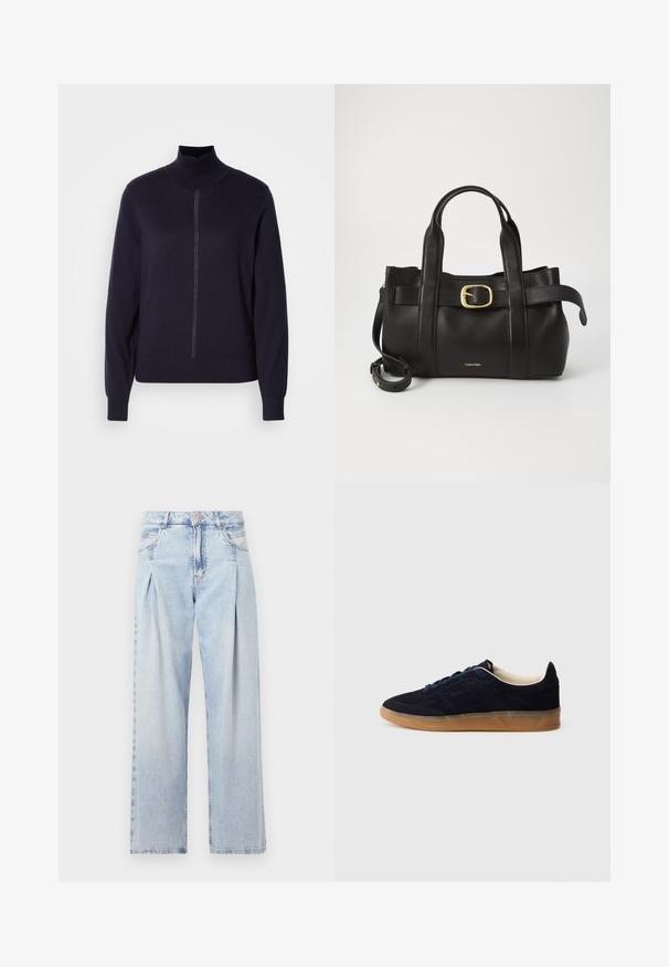 Marineblå genser med høy krage i myk strikk, med halvlukking foran, lange ermer og tettsittende nederkant. Minimalistisk design uten mønstre.; Lyseblå denimjeans med høy livlinje, vide ben, to sidelommer og plisserte detaljer. Myk tekstur med en falmet finish.; Navy blå semsket sneakers med såle av gummikaramell, blå lisser og minimalistisk design. Har preget logo på siden og glatt innerfôr.; Svart lærveske med en strukturert design, doble topphåndtak, gullfarget spenneakent og preget merke-logo foran.