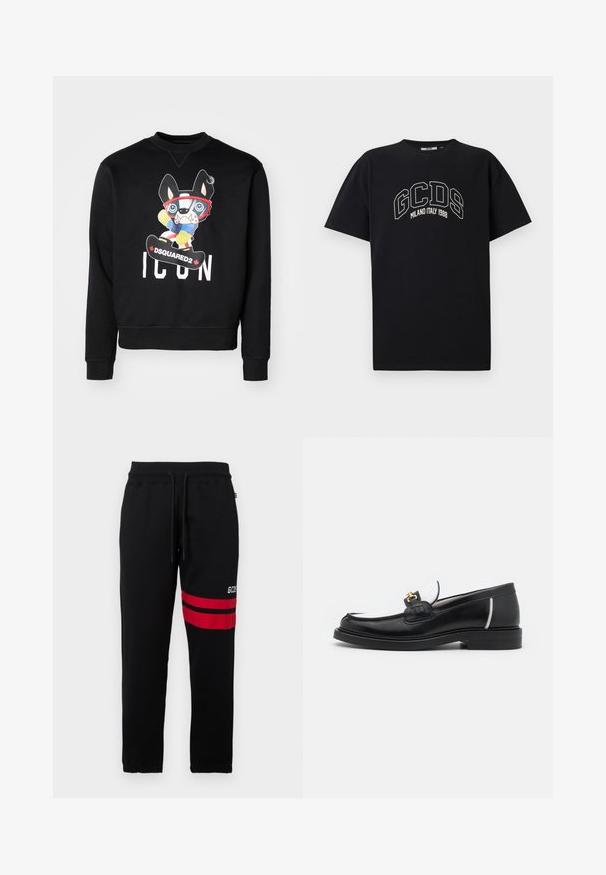 Black sweatshirt featuring a colorful cartoon design of a dog on a snowboard with "ICON" and "DSQUARED2" text. Soft fabric, ribbed cuffs.; Black cotton t-shirt with short sleeves. Features white GCDS logo and "MILANO ITALY 1988" text in an arch. Standard fit and crew neck.; Black sweatpants with contrast red stripes and logo on the side. Features an elastic waistband with drawstring and tapered ankle cuffs.; Black leather loafer with a rounded toe, white accents, and gold hardware on the vamp. Features a textured patch and stacked heel.