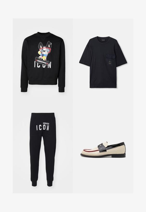 Felpa nera con un colorato design a fumetti di un cane su uno snowboard, con la scritta "ICON" e "DSQUARED2". Tessuto morbido, polsini a costine.; T-shirt nero a maniche corte con collo a giro e tasca a patta sul lato sinistro del petto, caratterizzato da un piccolo logo rettangolare.; Pantaloni della tuta neri con una texture morbida, gambe a sigaretta e tasche. Sul retro è presente la scritta "DSQUARED2 ICON" in bold lettere bianche.; Mocassini beige con motivo stampato, striscia accentuata rossa e tacco nero lucido. Presentano una fascia con dettaglio a fibbia. Suola nera piatta.