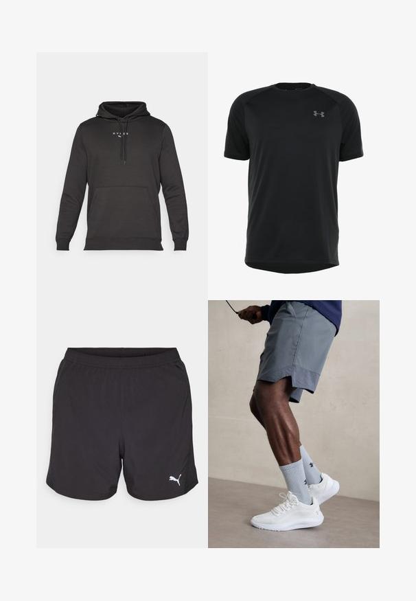 Manta preta com um bolso tipo canguru, cordões no pescoço e um pequeno logótipo branco no peito. Feita de um tecido liso e texturizado.; Camisa atlética preta de manga curta feita de um tecido liso e leve. Apresenta um decote arredondado e um logótipo discreto no peito.; Calções atléticos pretos feitos de tecido leve, com um cós elástico e um pequeno logótipo branco da Puma no lado esquerdo.; Ténis desportivos brancos com parte superior em malha texturizada, acompanhados por meias caneleadas azul claro com um logótipo. Calções desportivos cinza com acabamento perfurado.