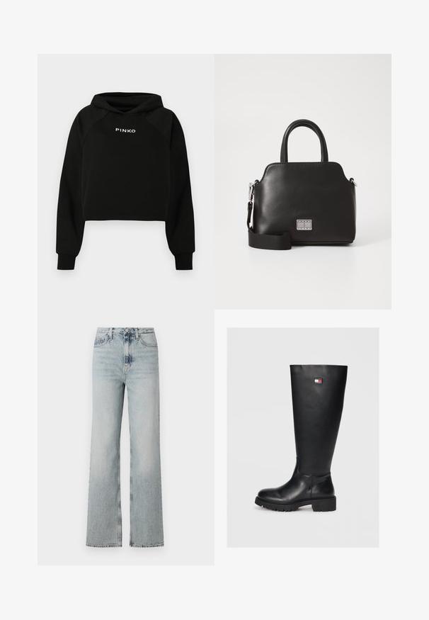 Camisola preta curta com capuz ajustável, apresenta o logótipo branco "PINKO" no peito. Feita de tecido macio com punhos canelados.; Jeans de denim azul claro de cintura alta, com uma silhueta de perna larga, apresentando cinco bolsos e um desbotado subtil ao longo do tecido.; Botas pretas até ao joelho feitas de couro liso com uma sola de borracha texturizada, apresentando um pequeno emblema em vermelho, branco e azul.; Bolsa sintética preta com alças superiores, alça de ombro destacável, formato arredondado, textura suave e detalhe em logo prateado na frente.