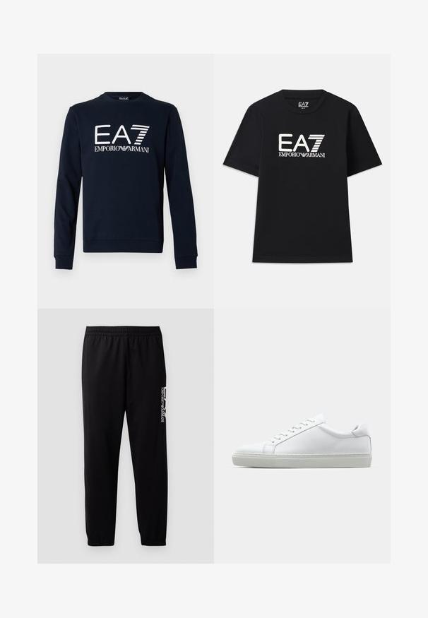 Tmavomodrá bavlnená mikina s dlhými rukávmi a okrúhlym výstrihom, s prednou stranou zdobenou bielymi logami EA7 a Emporio Armani v rôznych štýloch písma.; Čierne tričko vyrobené z bavlny, s okrúhlym výstrihom a krátkymi rukávmi. Vyšívané logo "EA7 EMPORIO ARMANI" v bielej farbe na prednej strane.; Čierne športové nohavice vyrobené z hladkej látky, s elastickým pásom a manžetami, a s kontrastnou logom potlačeným na boku.; Biele tenisky s hladkým koženým zvrškom a nízkym profilom. Majú zaoblenú špičku, šesť očiek a štruktúrovanú gumovú podrážku.
