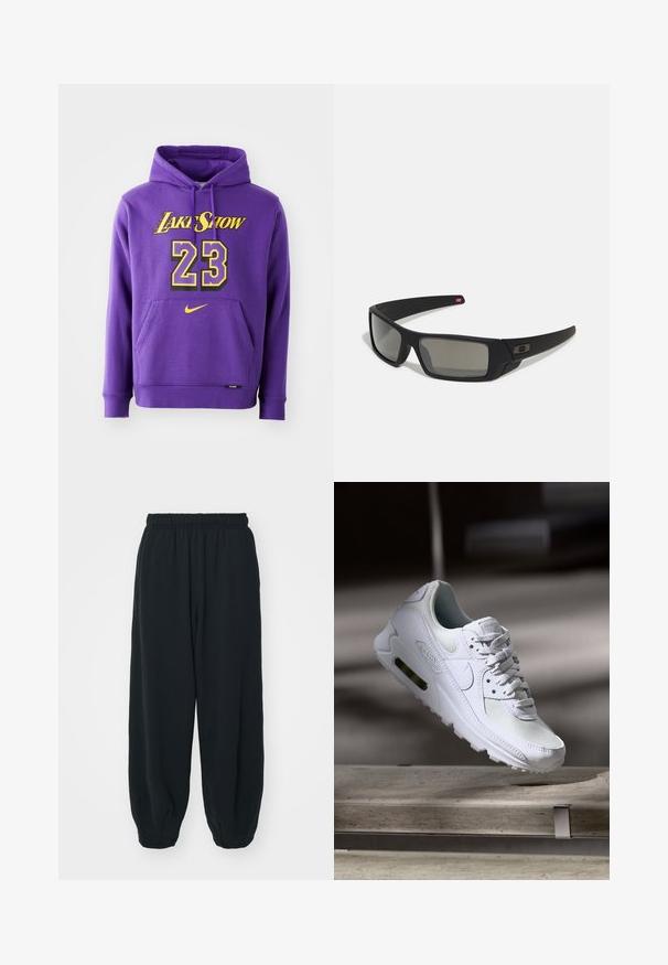 Nike Performance NBA CITY EDITION LOS ANGELES LAKERS LEBRON JAMES HOODY - Klubbklær - field purple; Sorte, joggebukser med elastisk liv, løs passform, mansjetter på ankler, glatt tekstur og uten synlige mønstre eller hardware-detaljer.; Hvit Nike Air Max 90 sneakers med øvre del laget av mesh og skinn, perforert tåboks og en synlig luftenhet i hælen.; Sorte solbriller med mat finish, rektangulære linser, lett kurv på brillestengene, diskret logo detaljer, og røyktinted linser.