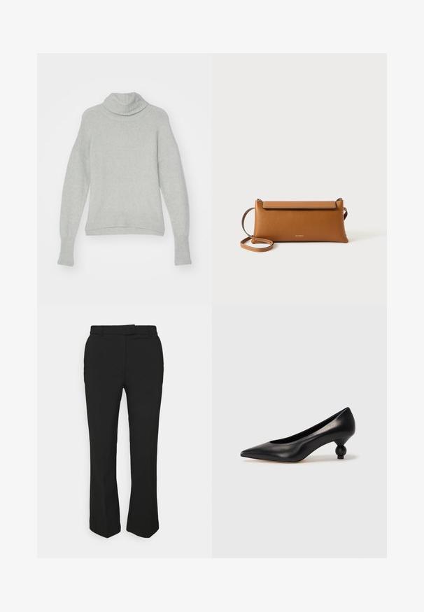 Pulover pe gât de culoare gri deschis, cu guler și manșete texturate. Material moale, cu o țesătură texturată, umeri căzuți și un design relaxat.; Pantaloni negri, croiți pe picior drept, cu bucle pentru curea și buzunare laterale. Fabricate dintr-un material neted, cu un finisaj curat.; Pantofii cu toc înalt din piele neagră, cu vârf ascuțit și toc rotund, mimos. Textură netedă, cu un design elegant și minimalist.; Geantă de umăr din piele maro, formă rectangulară, suprafață texturată, curea detașabilă, închidere cu fermoar, logo subtil embosat pe față.