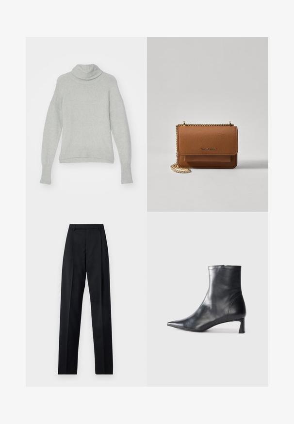 Jasnoszary sweter z golfem, z prążkowanym kołnierzem i mankietami. Miękka, teksturowana dzianina, opadające ramiona i luźny fason.; Czarne spodnie wykonane z gładkiego materiału, z wysokim stanem, szerokimi nogawkami, fałdami z przodu i klasycznymi szlufkami na pasek. Brak widocznych kieszeni bocznych.; Czarne skórzane botki sięgające kostki z ostrym noskiem i eleganckim designem. Posiadają niski obcas oraz zamek błyskawiczny z tyłu. Gładka faktura.; Brązowa skórzana torba na ramię z teksturą, z złotym łańcuszkiem i zapięciem na klapkę. Z przodu znajduje się detal z logo oraz kieszeń pod klapką.