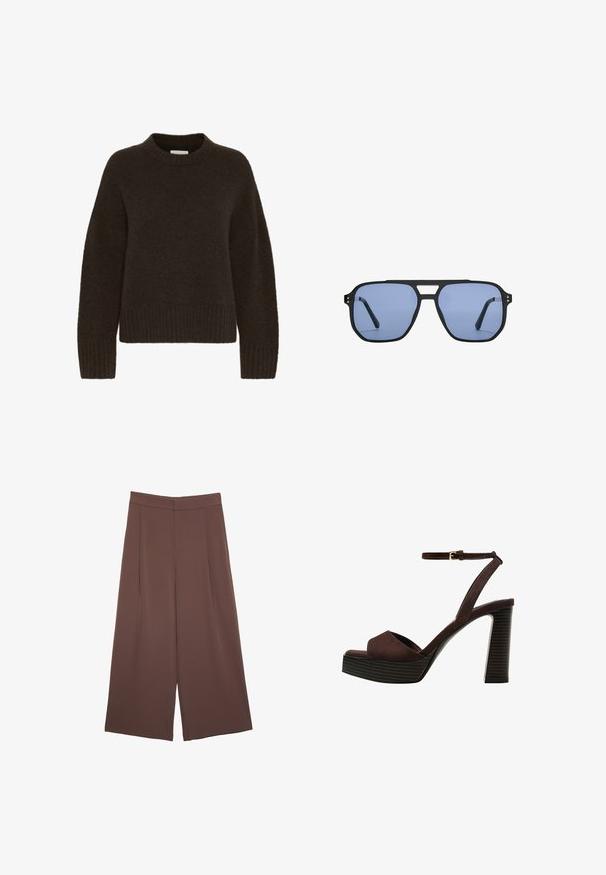 Maglione marrone lavorato a maglia con collo tondo e maniche lunghe, caratterizzato da una texture a coste all'orlo e ai polsini. Tessuto morbido e accogliente.; Pantaloni ampi marroni con una texture liscia, caratterizzati da una vita alta e pieghe frontali. Il tessuto è leggero e scorre liberamente.; Sandal in camoscio marrone con tacco alto, punta aperta, cinturino alla caviglia regolabile e suola a piattaforma striata.; Stradivarius RETRO - Occhiali da sole - light blue