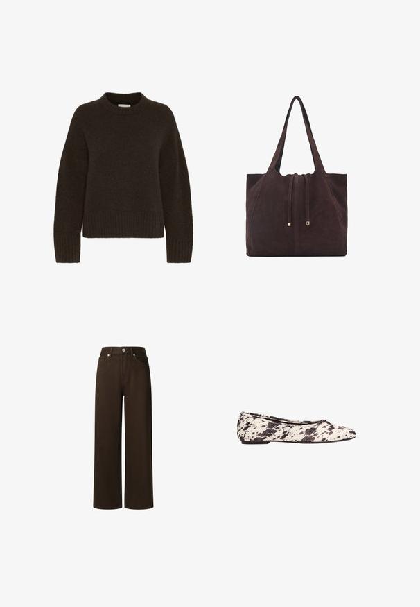 Pull en tricot marron avec un col rond et des manches longues, présentant une texture côtelée à l'ourlet et aux poignets. Matériau doux et confortable.; Pepe Jeans LEXA - Jean droit - chocolate brown; Ballerine à pois noir et blanc avec un petit nœud sur le bout arrondi et un petit talon, vue de côté sur un fond blanc.; Mango Cabas - dark brown