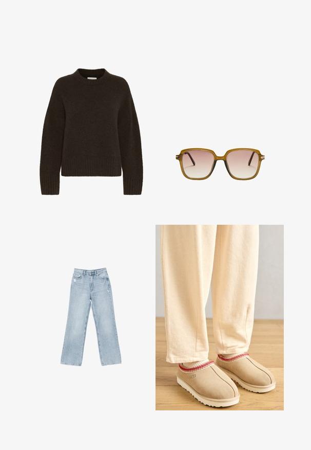 Smešani smeđi pleteni pulover s okruglim izrezom i dugim rukavima, s rebrastom teksturom na rubovima i manžetama. Mekan i udoban materijal.; Svijetlo plave traperice širokog kroja, s istrošenim detaljima, dizajnom s pet džepova i zatvaranjem na munju.; Svijetlosmeđi suede klompe s crvenim dekorativnim rubom i bijelim gumenim potplatom, u kombinaciji sa svijetlosmeđim hlačama, postavljene na drveni pod.; Kvadratne naočale s prozirnim okvirom svijetlosmeđe boje, gradijentnim roza lećama i tamnosmešnim ručkama. Minimalistički dizajn s suptilnim detaljima od hardvera.; Smeđa antilop torba za ruke s dva duga remena, zatvaranje na vezicu i minimalistički dizajn. Glatka tekstura i bez vidljivih metalnih elemenata.