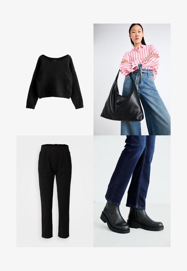 Pulover scurt, negru, realizat dintr-un material moale și texturat. Dispune de un decolteu larg și mâneci lungi, ajustate, cu manșete nervurate.; Pantaloni negri, cu talie înaltă, având un tiv ondulat, realizati dintr-un material elastic și neted, cu siluetă dreaptă. Fără modele vizibile.; Bocanci negri din piele cu tălpi groase și panouri elastice pe laterale, asortați cu blugi de culoare bleumarin. Solul este de culoare deschisă.; Geantă de umăr din piele neagră, cu o formă lejeră și detalii de cusătură. Modelul poartă o bluză cu dungi roz și alb și jeans largi albaștri.