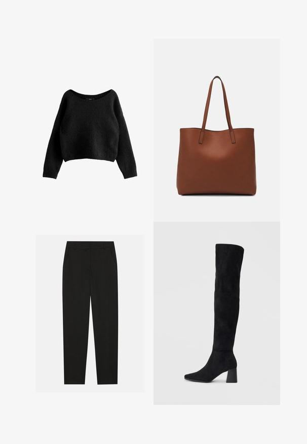 Black cropped sweater made from a soft, textured material. Features a wide neckline and long, fitted sleeves with ribbed cuffs.; Black trousers with a tailored design, featuring side pockets and a straight leg. Made from smooth, lightweight fabric with a sleek finish.; Black suede knee-high boot with block heel, pointed toe, and smooth, seamless design on a plain light background.; Brown leather tote bag with a smooth texture, open top design, and two shoulder straps. Features minimal stitching and no visible hardware.
