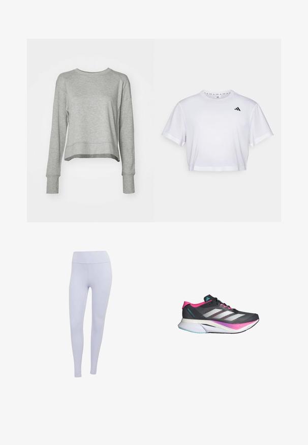 Graue, kurz geschnittene Sweatshirt mit langen Ärmeln, aus weichem Stoff. Verfügt über ein schlichtes Design, einen gerundeten Ausschnitt und gerippte Bündchen.; Weißes, kurzes T-Shirt aus weichem Stoff, mit kurzen Ärmeln und rundem Ausschnitt. Schwarzes Logo auf der linken Brust.; Hellviolette Leggings aus dehnbarem Stoff. Hoch geschnittenes Design mit glatter Textur und ohne sichtbare Nähte oder Muster.; Laufschuh mit einem grauen Mesh-Obermaterial, pinken Akzenten und weißen Streifen. Verfügt über eine gepolsterte Sohle und ein schlankes, aerodynamisches Design.